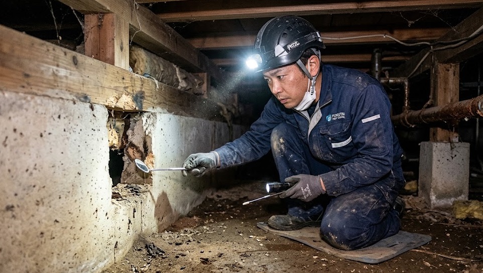 福津市の住宅で、床下の基礎部分にあるネズミの侵入経路をヘッドライトで調査する日本人駆除スタッフ。