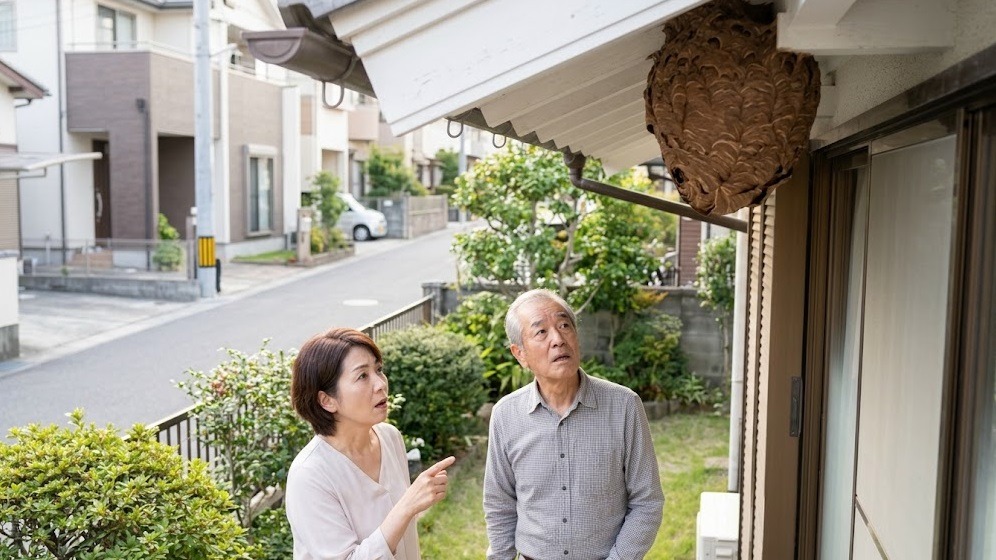 北九州市の日本人家庭の庭で、轩下にできた大きな蜂の巣を見つけて驚く様子