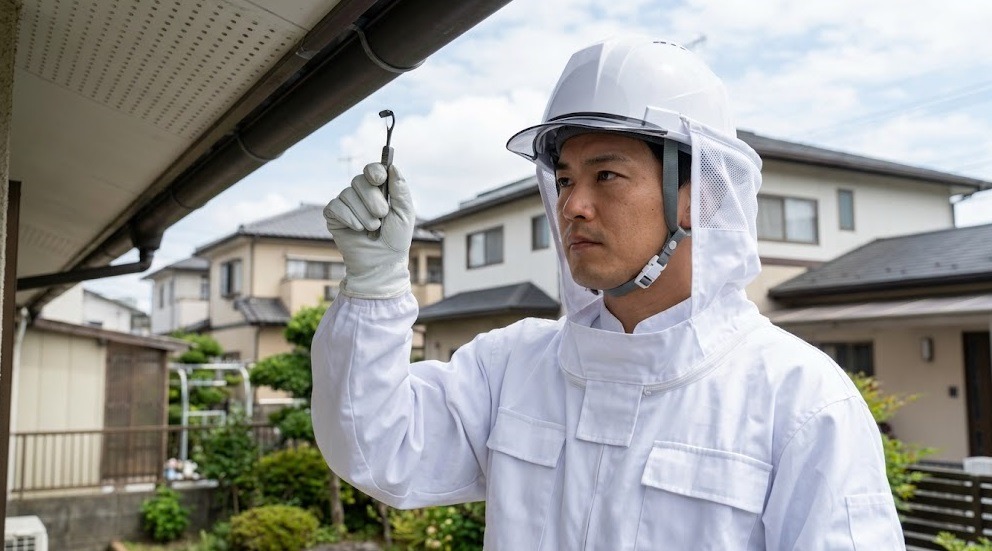 北九州市の住宅街で蜂駆除の防護服を着た日本人専門業者が軒下を点検する様子