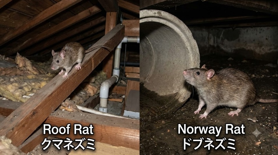 屋根裏を歩くクマネズミと床下を這うドブネズミの生息環境の違い
