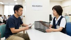 保健所の窓口でネズミ駆除について相談し、捕獲カゴの説明を受ける日本人男性