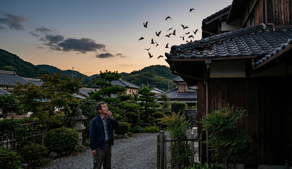 山口県防府市の住宅の屋根瓦の隙間から飛び立つアブラコウモリと、その様子を地上から心配そうに見上げる日本人の家の所有者。