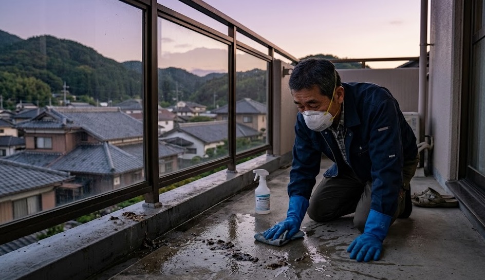 防府市の住宅のベランダで、高機能マスクとゴム手袋を着用し、散布された消毒液で湿ったコウモリのフンを慎重に拭き取る日本人の住人。