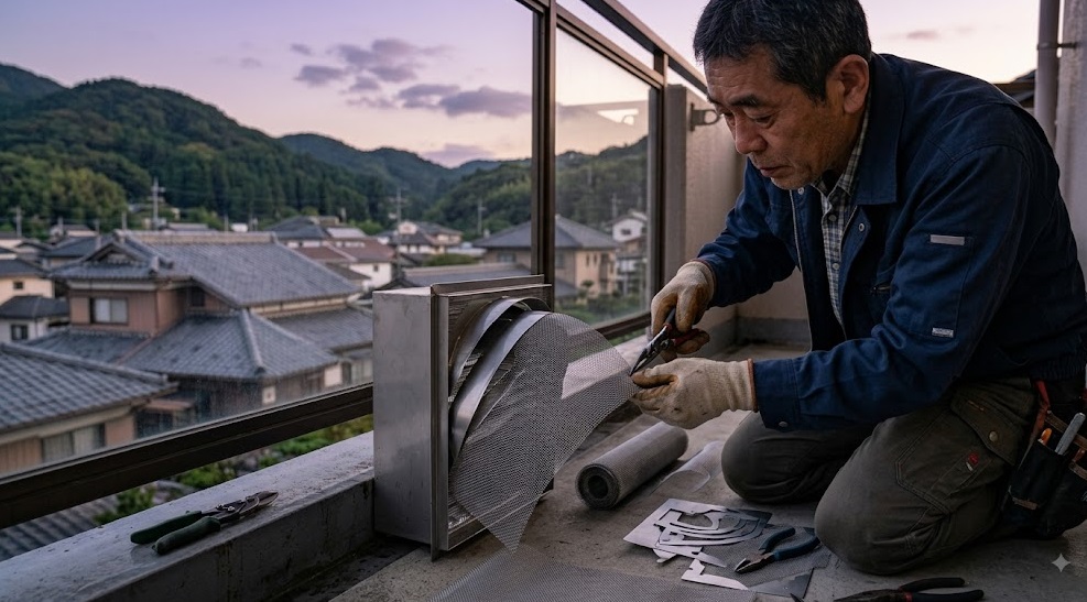 日本人のDIY作業者が、住宅の換気口の複雑な形状に合わせて、目の細かいステンレス製金網を隙間なく丁寧に取り付けている様子。