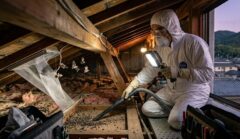防府市の住宅にて、防護服を着た「あい営繕」のアジア人作業員が、屋根裏の狭いスペースで強力なライトを使い、コウモリの追い出しとフンの清掃を安全かつ迅速に行っている専門的な作業風景。