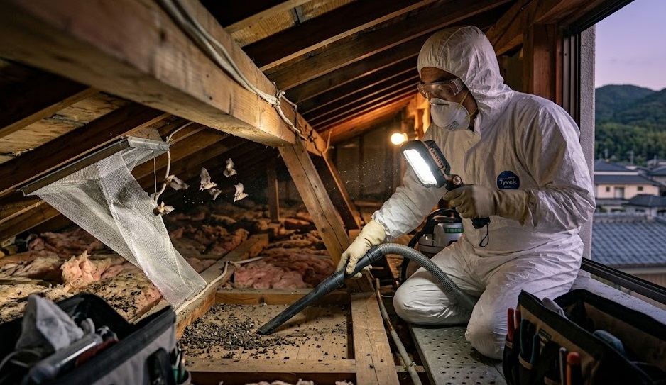 防府市の住宅にて、防護服を着た「あい営繕」のアジア人作業員が、屋根裏の狭いスペースで強力なライトを使い、コウモリの追い出しとフンの清掃を安全かつ迅速に行っている専門的な作業風景。