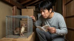 日本人の男性住人が、屋根裏に仕掛けた罠にかかったメスのイタチを前に、法律違反の可能性を心配して困惑している様子。