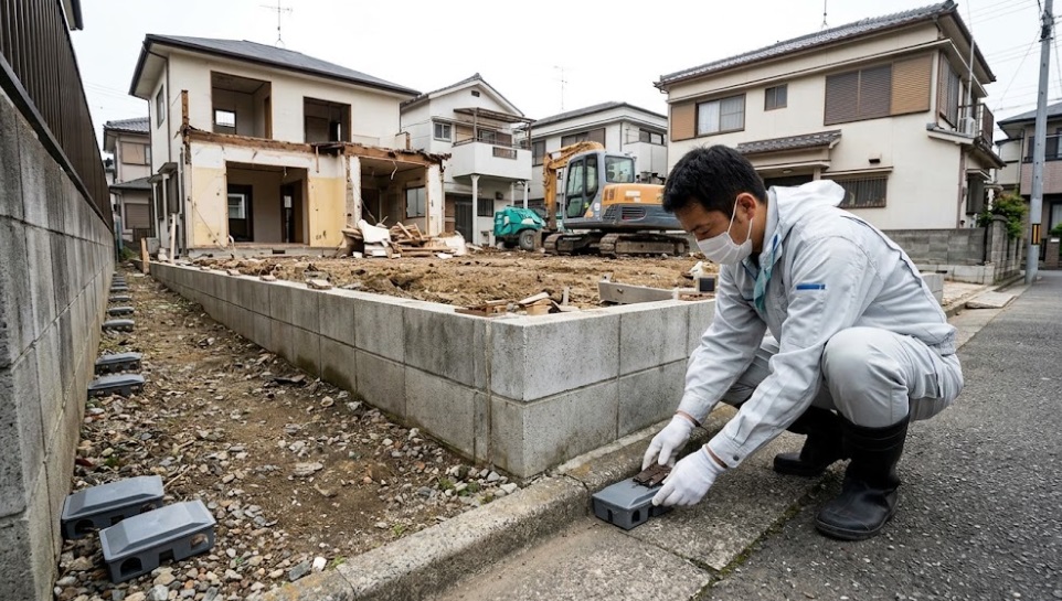 解体現場から近隣住宅へのネズミ逃亡を防ぐため罠を設置する作業員