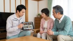 解体前のネズミ駆除手順について調査写真を見せながら説明する専門スタッフ
