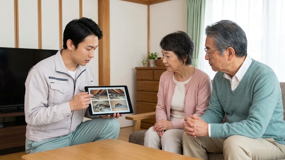 解体前のネズミ駆除手順について調査写真を見せながら説明する専門スタッフ