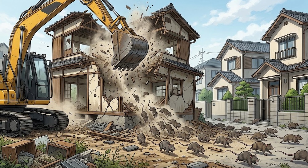 福岡市の古い住宅解体現場で、重機の振動により建物から逃げ出し、近隣住宅へ向かうネズミの様子