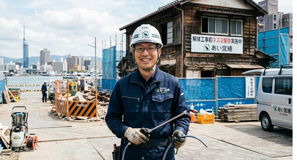 福岡市で解体前のネズミ駆除に対応する、誠実で笑顔の「あい営繕」日本人スタッフ