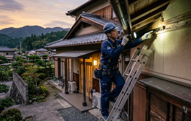 嘉麻市の一軒家で、作業着姿の専門スタッフが梯子を使い、軒下のわずかな隙間を懐中電灯で調査している様子。
