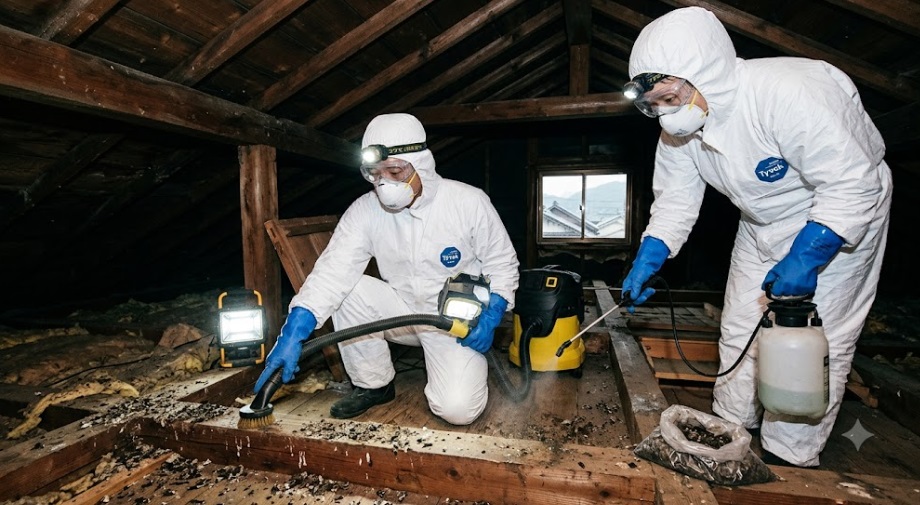 防護服を着用した専門スタッフが、嘉麻市の住宅の屋根裏でコウモリのフンを清掃し、消毒作業を行っている様子。