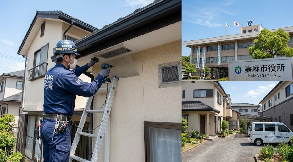嘉麻市の市役所庁舎の外観(背景)と、住宅の外壁でコウモリ侵入防止用の金網を取り付けている作業着姿の専門スタッフ。