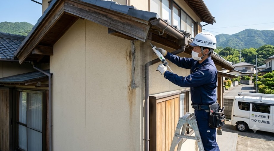 嘉麻市の一軒家で、作業着姿の専門スタッフがコーキングガンと金網を使い、コウモリの侵入経路となる外壁の隙間を完全に塞いでいる様子。