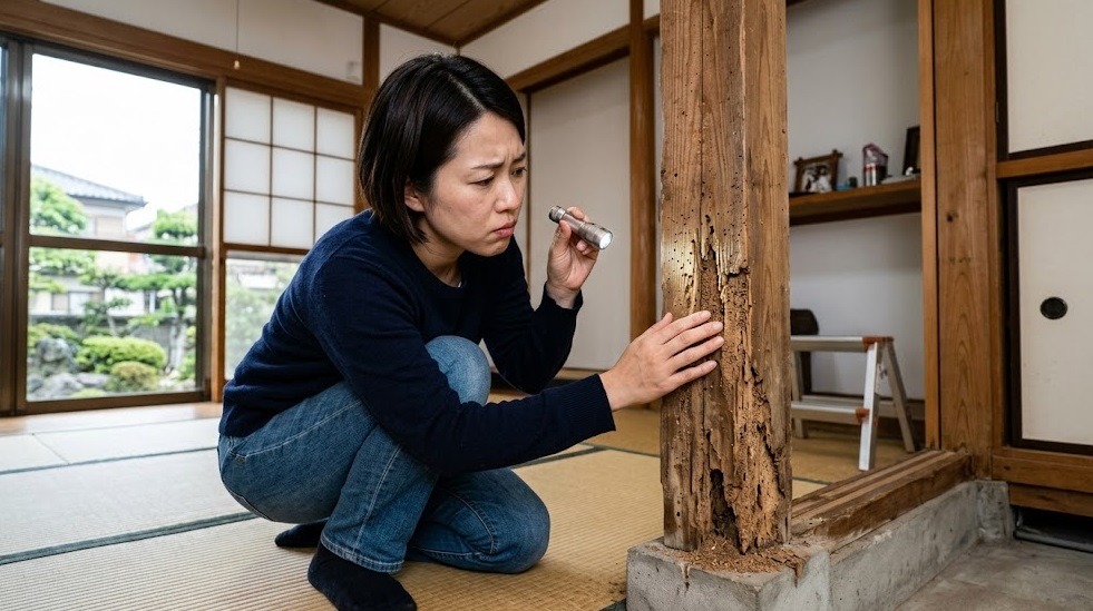 春日市で自宅の柱の異変に気づき、不安な表情で点検する日本人女性。シロアリ被害への懸念を表現。