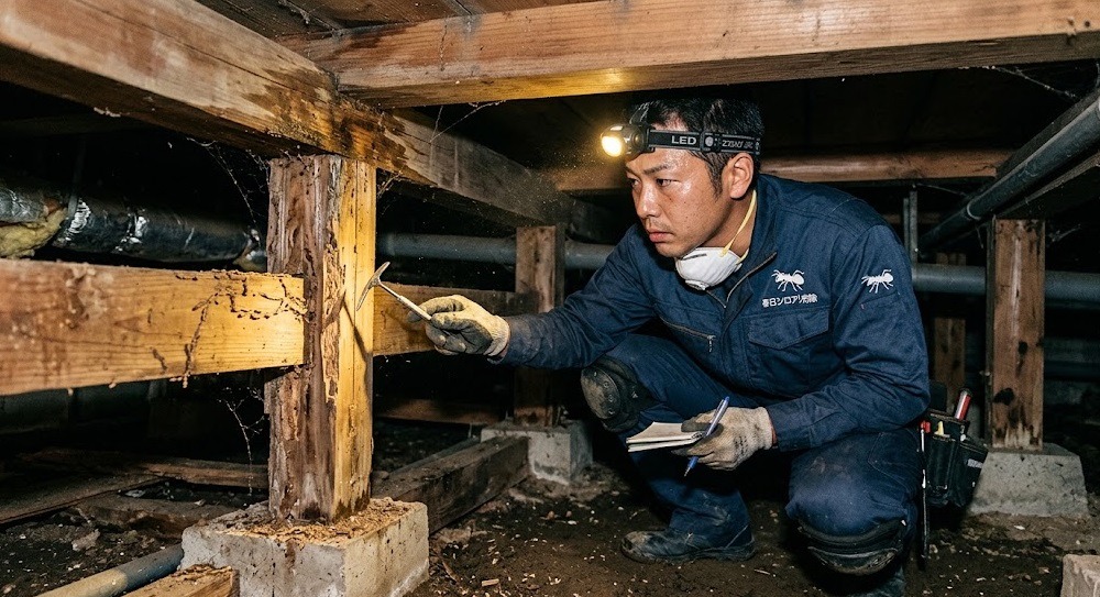 春日市でのシロアリ駆除見積もりのため、床下に入りヘッドランプをつけて真剣に調査を行うプロの作業員。