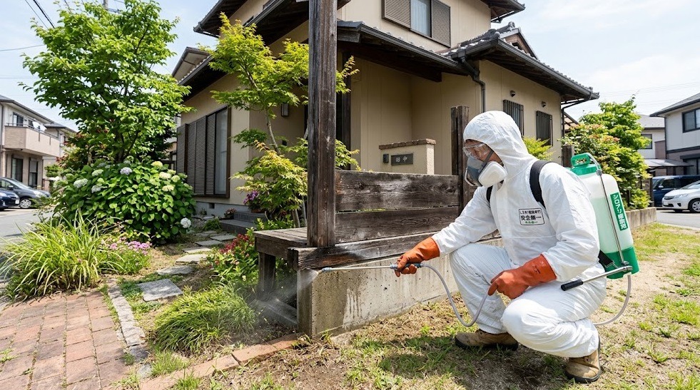 安全な防護服を着用し、春日市の戸建て住宅で基礎部分に薬剤を散布するプロのシロアリ駆除施工士。