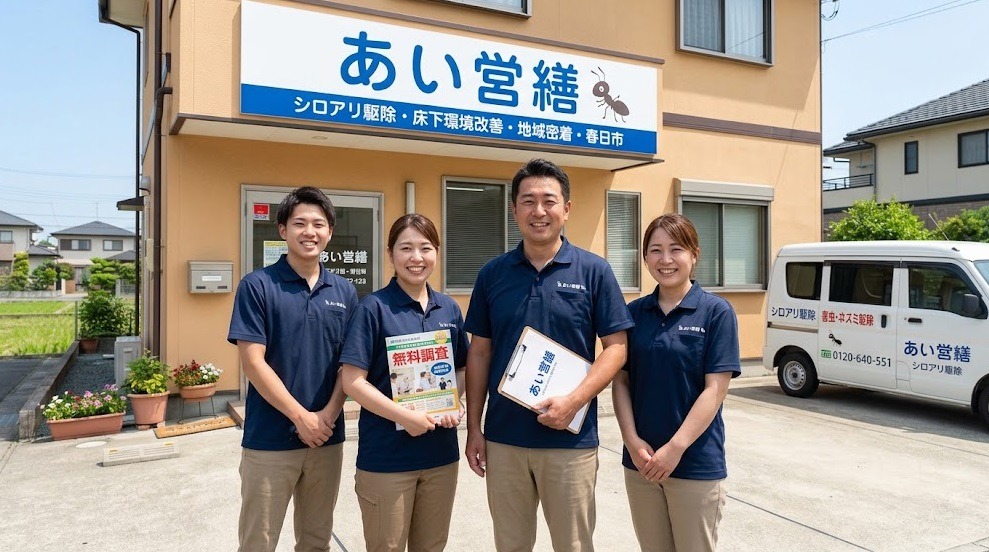 春日市の「あい営繕」オフィス前で、誠実な笑顔で並ぶスタッフ。地域密着型の信頼できる業者であることをアピール。