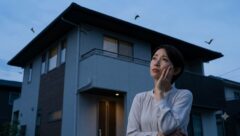 夕暮れ時に自宅の軒下を不安そうに見上げる日本人女性。コウモリ被害に悩む家主のイメージ。