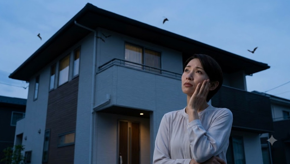 夕暮れ時に自宅の軒下を不安そうに見上げる日本人女性。コウモリ被害に悩む家主のイメージ。