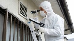 住宅の換気口でコウモリの侵入口を調査・封鎖する、防護服姿の専門業者（あい営繕）。春日市での駆除作業のイメージ。