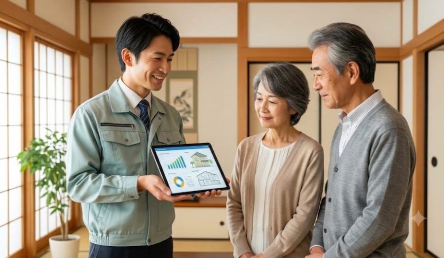 笑顔で家主に調査結果と見積もりを説明する、あい営繕の専門スタッフ。春日市でのコウモリ駆除無料相談のイメージ。