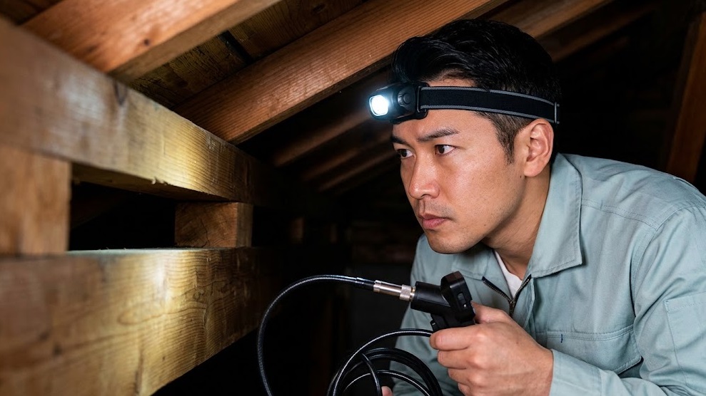 住宅の暗い天井裏で、ヘッドライトとプロ仕様の内視鏡カメラを使い、ネズミの侵入経路や生息状況を真剣に調査する、専門知識を持った日本人スタッフの様子。