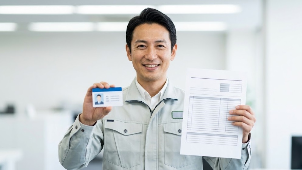 清潔な制服を着た、信頼できそうな日本人ネズミ駆除プロフェッショナルが、カメラに向かって自身の専門資格証と詳細なサービス報告書を提示し、専門性と透明性をアピールしている様子。