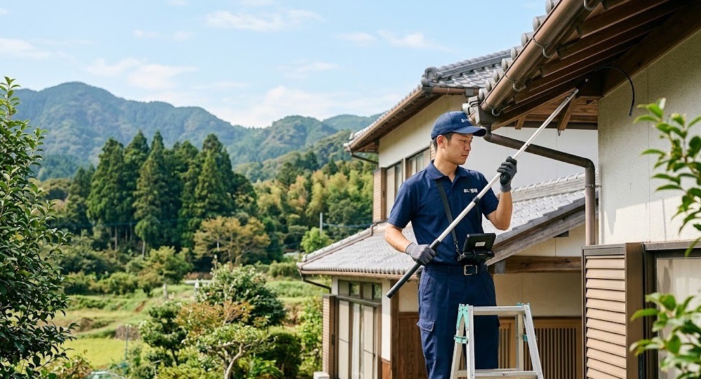 小倉南区の住宅で軒下のハチの巣の有無を専用カメラで入念に調査する、あい営繕の日本人作業員。背景には地元の豊かな自然の風景が広がる。