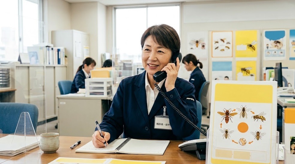 北九州市の衛生害虫相談センターをイメージした窓口で、市民からの電話相談に丁寧に応じる、親しみやすい表情の日本人女性職員。デスクにはハチの生態に関するテキストなしの啓発資料が置かれている。