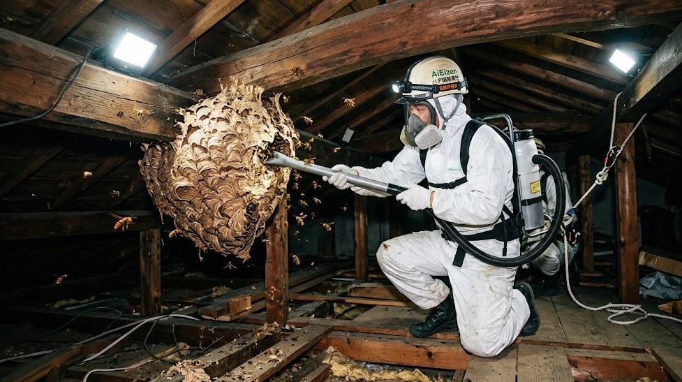 住宅の屋根裏の梁に作られた巨大なスズメバチの巣を、特殊な吸引装置と強力なLEDライトを駆使して、防護服を着用した日本人専門作業員が慎重に除去する様子。専門性と危険性が伝わるリアルな現場写真。