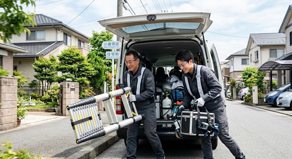 福岡県北九州市小倉南区の住宅街に到着し、ロゴのない白いサービスバンから特殊なはしごと機材を迅速に下ろす、誠実な表情の日本人ハチ駆除作業員2名。即日対応のスピード感と専門的な準備の様子が伝わる。