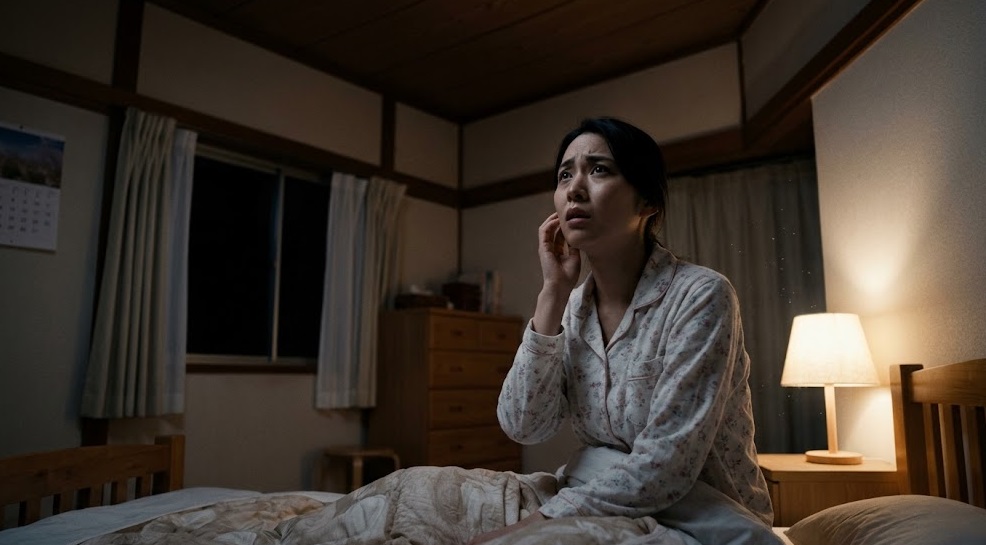 深夜、屋根裏からのカリカリ音に気づき、不安な表情で天井を見つめる日本人女性。ネズミの気配を感じている様子。