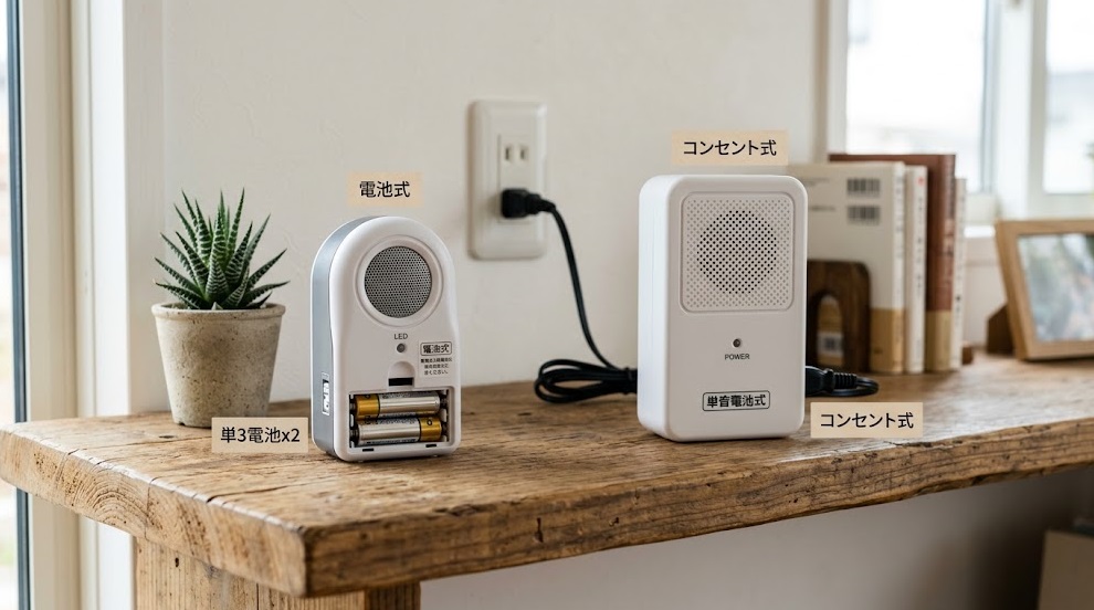 木棚の上に並べられた、電池式(左)とコンセント式(右)の2種類のネズミ駆除用超音波機器。それぞれの形状と電源タイプが確認できる。