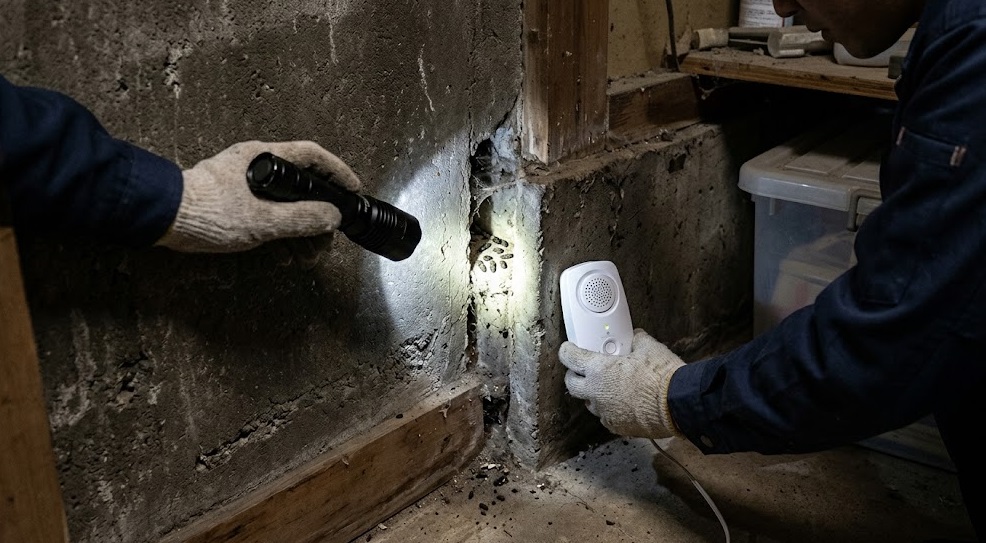部屋の隅にあるコンクリート壁の隙間を懐中電灯で照らし、ラットサイン(ネズミのフン)を確認する日本人男性の手元。超音波機器の設置場所を探している。