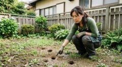 福岡市の住宅の庭の土の表面に複数空いた、ネズミの巣穴（ラットホール）と思われる不自然な穴を指差して確認する、不安げな表情の日本人女性。庭のフェンスや植物が背景。
