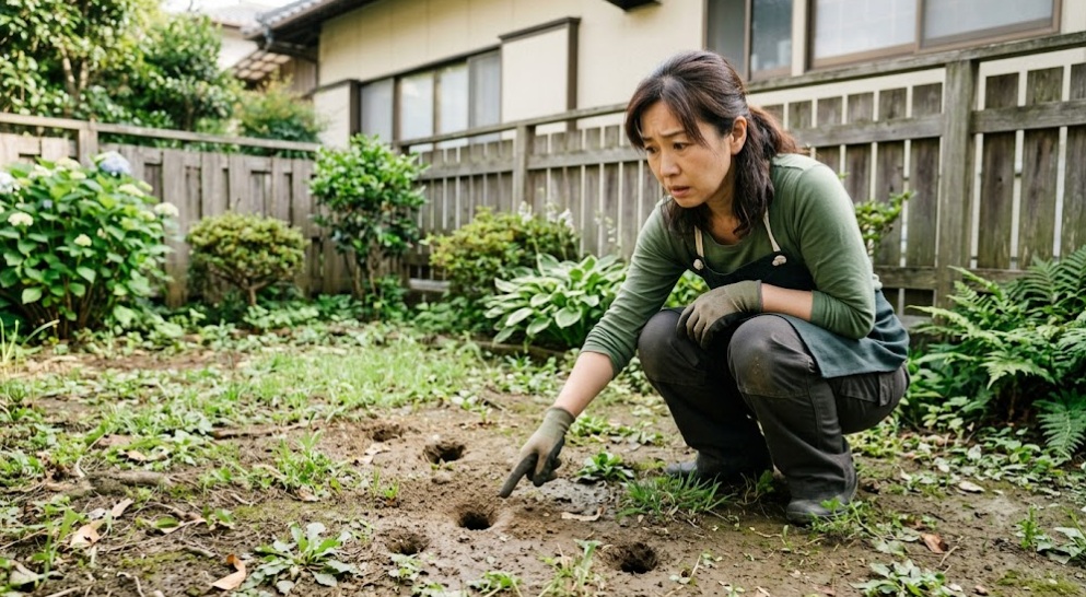 福岡市の住宅の庭の土の表面に複数空いた、ネズミの巣穴(ラットホール)と思われる不自然な穴を指差して確認する、不安げな表情の日本人女性。庭のフェンスや植物が背景。
