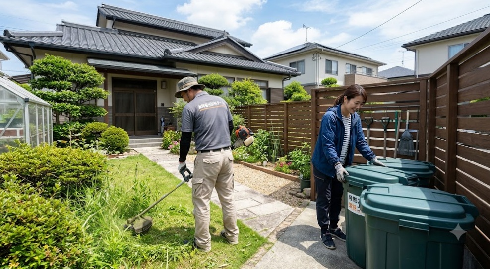 福岡市の住宅の庭で、ネズミの餌や隠れ家をなくすために協力して環境改善作業を行う日本人男女。男性が雑草を刈り、女性が蓋付きのゴミ箱を整理している。整理整頓された清潔な庭の風景。