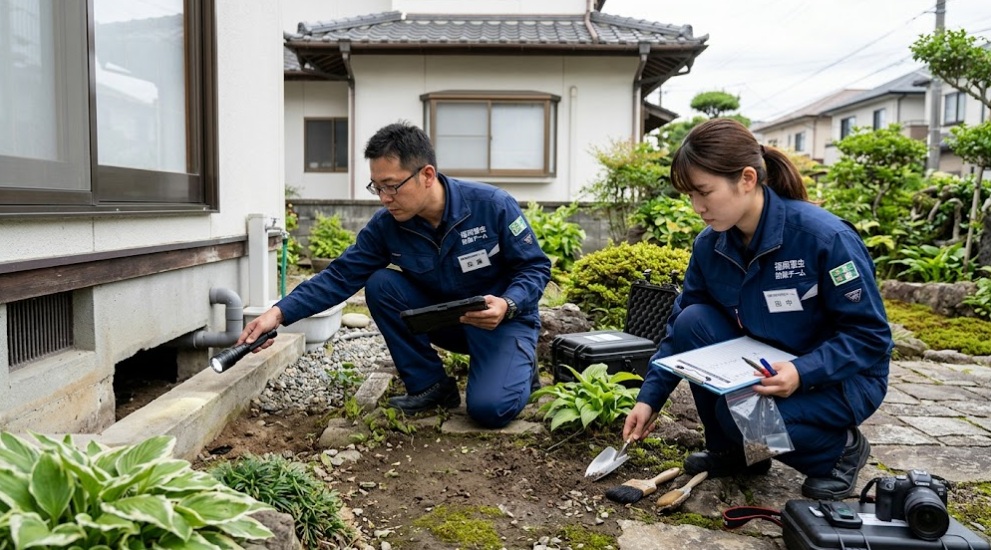 福岡市の住宅の庭で、真剣な表情でネズミの侵入経路や被害状況を調査する、清潔なユニフォーム姿の日本人害虫駆除作業員(男女2名)。床下や土の部分を重点的に確認している。信頼感のあるプロの作業風景。