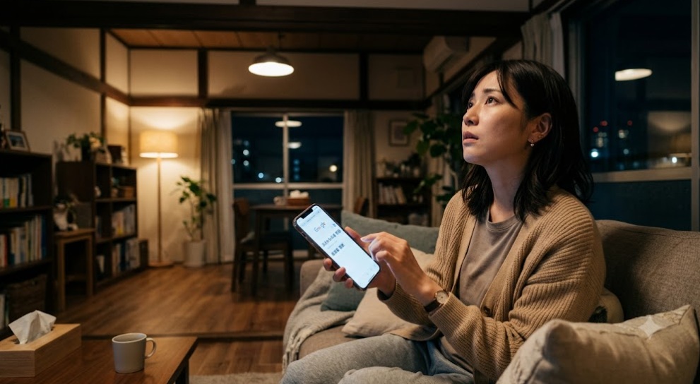 夜、自宅のリビングで天井からの音に不安を感じ、スマートフォンで検索する日本人女性