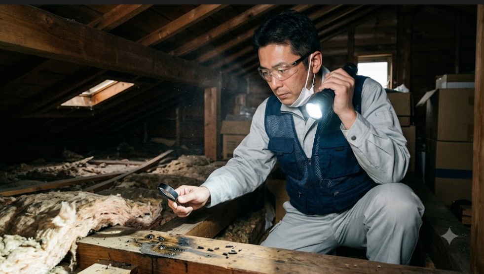 天井裏でライトを照らし、ネズミの痕跡を調査する清潔な作業服姿の日本人駆除専門スタッフ