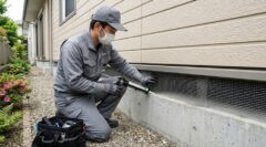 住宅の外壁と基礎の隙間に、ネズミ侵入防止用の金網を取り付ける日本人駆除専門スタッフ