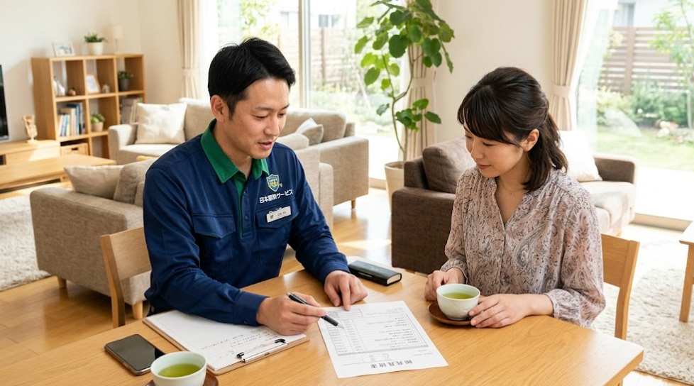 明るいリビングで、日本人女性のお客様に丁寧に見積もりを説明する誠実な日本人駆除専門スタッフ