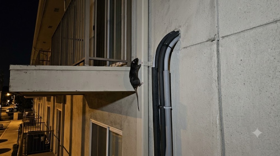 夜間、マンションの外壁にある雨樋とエアコン配管を器用に登り、2階のベランダへ侵入しようとするクマネズミの様子。
