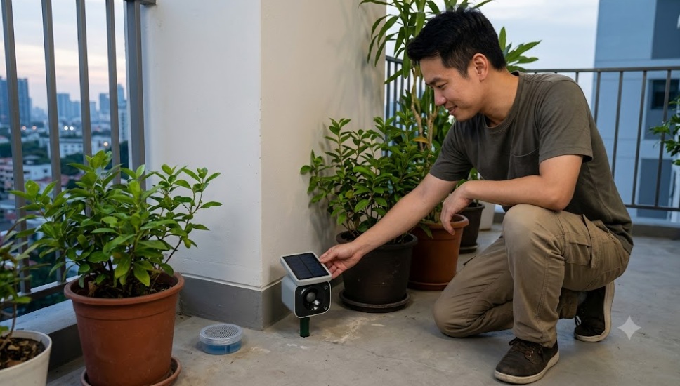 ベランダの隅に、ソーラー充電式の超音波発生装置と設置型のネズミ忌避剤を設置し、効果を確認しているアジア人男性。