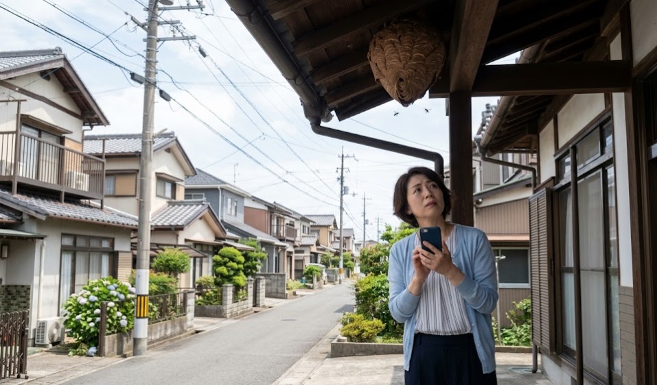 福岡県北九州市八幡西区の住宅街。軒下に大きなハチの巣を見つけ、不安そうな表情でスマートフォンを持つ日本人主婦。背景には日本の一般的な住宅が並ぶ。