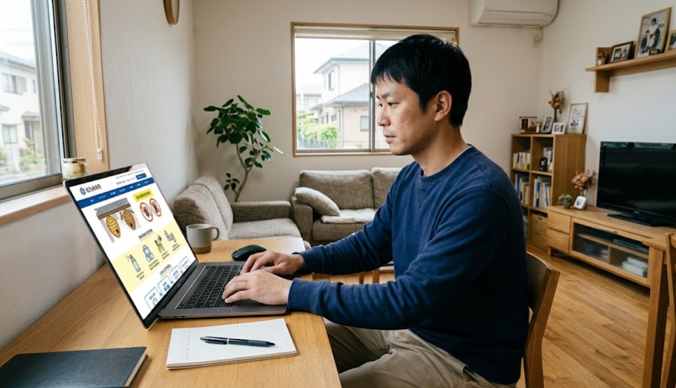 日本の住宅のリビング。日本人の男性がリビングのデスクでノートパソコンを開き、北九州市役所のウェブサイトを想起させる画面を冷静な表情で確認している。