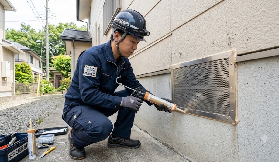 住宅の外壁にある通風口に、ネズミの再侵入を防ぐために頑丈なステンレス製のパンチングメタル(金網)を設置し、隙間をコーキング材で完全に封鎖する日本人専門スタッフの施工風景。